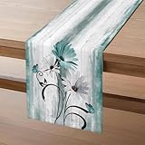 AwzyGous Tischläufer Blumen in Türkisblau und Blaugrün, Moderne Tischläufer 140x40 cm Weiße Gänseblümchen Schwarze Blätter Schmetterling Sommer Küche Tisch Dekoration für Drinnen Urlaub Party Dekor