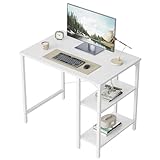 CubiCubi Schreibtisch, Computertisch mit 2 Ablagen auf der rechten oder linken Seite, 90 x 48 cm PC Tisch, Bürotisch fürs Büro Wohnzimmer, Stabil Stahlgestell Industrie-Design, Weiß