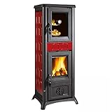 Holzofen 'Gemma Forno' mit emailliertem Ofen, Außenverkleidung aus Steingut, Türen, Kopfteil und Feuerstelle aus Gusseisen. Glaskeramik hitzebeständig bis 750°. Abmessungen 460 x 495 x 1207 mm