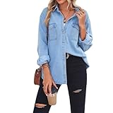 Hemd Damen, Damen Langarm Jeanshemd Bluse Mode Dünn Hellblaue Waschung Verblasst V-Ausschnitt Hemden Tops Lässig Button-Down-Blusen ﻿ (DE/NL/SE/PL, Alphanumerisch, L, Regular, Regular