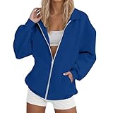 Damen-Sweatshirt mit Reißverschluss, Revers, übergroße Sweatshirt-Jacke ohne Kapuze, Herbst, Winter, lässige Oberbekleidung, Damenmäntel mit Tasche, blau, M