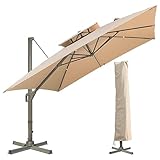 LKINBO Sonnenschirm Quadratisch 300 x 300 cm mit Ständer und Kurbel, Groß Ampelschirm Neigbar 360°Drehbar Parasol Windfest Gartenschirm Wasserdicht Marktschirm für Garten Deck Outdoor, Khaki