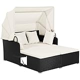 GIANTEX Sonneninsel Sonnenliege Set Rattan, Gartenliege 2 Personen mit faltbarem Sonnendach, Doppelliege Liegeinsel mit klappbaren Tablett & Kissen, Gartenlounge Gartenmuschel Daybed Outdoor (Beige)