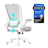 SONGMICS Bürostuhl ergonomisch, Drehstuhl mit Mesh, Lenden- und Kopfstütze, Wippfunktion, 53 cm große Sitzfläche, klappbare Armlehnen, Arbeits- und Schlafzimmer, Studenten, hellgrau OBN037G02