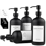 MONOKO 4er Set Seifenspender Schwarz Matt aus Glas | 500ml Shampoo Flaschen zum Befüllen | Spülmittelspender Küche | Spender Pumpkopf Edelstahl | Pumpflasche + Aufkleber