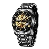 A ALPS Herren Uhren Automatikuhr Mechanische Skelett Glasboden Römische Zahlen Diamant Zifferblatt Wasserdicht Schwarz Männer Armbanduhr mit Edelstahl Armband