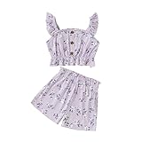 HSOXLQF Sommerkleidung für Kinder, Kleinkinder, Mädchen, Knopf-Design, gestreiftes Tanktop + elastische Shorts mit Blumendruck, 2-teilig, Violett, 4-5 Jahre