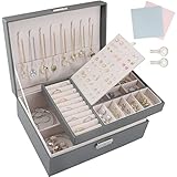 TEIVUL Schmuckkästchen,Damen 2-schichtige Schmuckaufbewahrung,PU-Leder Schmuckkasten mit Schloss,geeignet für Halsketten,Ringe,Ohrringe,Armbänder,Jewelry Organizer für Frauen und Mädchen (grau)
