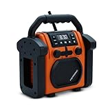 METRONIC 477227 Baustellenradio FM Bluetooth mit wiederaufladbarem Backup-Akku – robust, stoßfest, staubdicht, spritzwassergeschützt – Orange