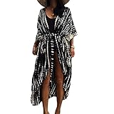 Long Beach Kleid für Frauen, Damen Lose Sommer Pareos, Maxi Strandkleid Boho Kimono Lang Strand Cardigan Beachwear, Front Offen Blumen Bluse Bikini Cover-Up Einheitsgröße (Schwarz)