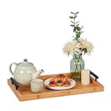 Relaxdays Bamboo Breakfast Serving Tray Tablett Bambus, HBT: 7 x 50 x 30 cm, Serviertablett mit Griffen, hoher Rand, Küchentablett rechteckig, Natur
