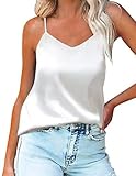 Ekouaer Damen Satin Cami Tank Top Seidentop Shirt Ärmellose V-Ausschnitt Blusen Spaghetti Oberteile Weiß S