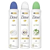 Dove, Dove Deodorant Spray Mix, Original Go Fresh Gurke und grüner Tee, Invisible Dry mit Feuchtigkeitscreme und Antitranspirants, ohne Alkohol, Deodorants für Damen und Herren, 3 Stück à 250 ml