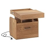 GIANTEX Nachttisch mit Ladestation, Nachtschrank mit Schublade & Geheimfach, Nachtkästchen mit offenen Fächern, Nachtkommode Nachtkonsole klein, Beistelltisch Sofatisch 50 x 40 x 55 cm (Eiche)