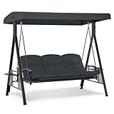 M MCombo 3-Sitzer Hollywoodschaukel mit Liegefunktion, Verstellbarem Sonnendach & Getränkehalter, Gartenschaukel bis 360kg Belastbar Schaukelbank Outdoor Wetterfest 204x118x181 cm 4093 (dunkgelgrau)