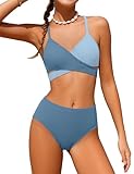 Aulyffo Mädchen-Badeanzüge, Bikini-Set, zweiteiliger Badeanzug mit überkreuzten Kreuzen, Badebekleidung für Mädchen, Blau 3, 9-10 Jahre