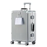 yuweijie Koffer mittelgroß, Koffer & Trolleys - Robuster Alu-Rahmen Suitcase für Reisen, 4 Rollen, TSA Schloss, Silber mit schwarzem Ledergriff, L-70cm