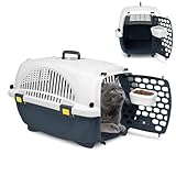 XMTECH Transportbox für Hunde & Katzen, Tiertransportbox Kleintierbox aus Kunststoff, Kaninchen Katzen transportboxen 52 x 33 x 31 cm, Grau