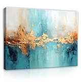 Leinwandbild Wohnzimmer Schlafzimmer Abstrakt Kunst Gold Blau 100x75 cm - Modern Bilder Groß XXL Wandbild Kunstdruck Wandbilder Canvas Desing Wand Bild auf Leinwand Aufhängefertig