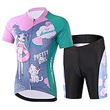 SXSHUN Kinder Jungen Radtrikot Mädchen Fahrrad Trikot Radhose mit Sitzpolster Kurzarm Radshirt Radsport Anzüge, Rosa+Grün, 122-128