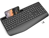 Tastatur Kabellos mit Handballenauflage, Ergonomische Tastatur in Voller Größe mit Telefonhalter, Schlafmodus, 18 Multimedia-Tasten, Leise 2,4 GHz Funktastatur für Mac, Windows, Computer, Laptop, PC