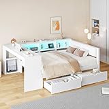 TOBIDOEN Tagesbett 140x200 cm Funktionsbett Daybett mit Ablageflächen & Integrierter Tisch, Schubladen & Gepolstertem Kopfteil, US/B Holz-Plattformbett mit Bunten LE/D Modus, Kiefer, Weiß
