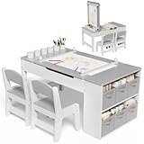 MAMIZO Kindertisch mit 2 Satz Stühlen, Kinder Tisch Stuhl Set Holz, Kindersitzgruppe mit Stauraum, Kinder Maltisch mit Papierrolle, Mal und Basteltisch für Kinder, Maltisch für Kinder ab 3 Jahre Grau