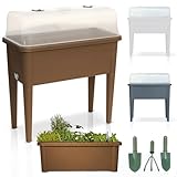 Onbest Hochbeet/Frühbeet – mit Abdeckhaube/Wasseranzeige – aus robustem Kunststoff – ideal für Garten/Terrasse/Balkon – Kräuterhochbeet zur Anzucht – Pflanzkasten inkl. Gartenwerkzeug (Coffee)