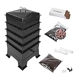 Billiebin Starter Set | Wurmkomposter 4 Etagen Inkl. Kompostwürmer + Startsubstrat + Kokosziegel + Zubehör | Wurmfarm - Wurmkiste (Schwarz)