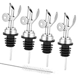 4 Stück Ausgießer Spirituosen mit Reinigungsbürste, Edelstahl Flaschenausgießer mit Automatischer Klappdeckel, Weinausgießer, Ausguss für Wein und Spirituosen, ideal für Cocktails, Partys, Home-Bar