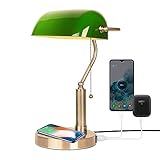 FIRVRE Grün Glas Bankers Schreibtischlampe Klassische Tischlampe mit drahtloser Aufladung USB Port Vintage Messing Zugkette Schalter Nachttisch Nachttisch Licht für Home Office Schlafzimmer