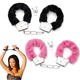 2 Paar Metall Handschellen mit Schlüssel Set,Rosa Plüsch Handfesseln für Cosplay, Partyzubehör, Sexy Schwarz Metall Handschellen für Polizei-Kostüm-Requisite, Geschenke, Valentinstagsgeschenke