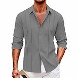 DENGJIAMY Herrenhemd, kurzärmelig, Button-Down-Shirt, kubanische Guayabera-Hemden, lässig, langärmelig, Sommer-Strand-Leinenhemden, Herren-Outfits, grau, M