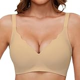 GXOULRRA V Ausschnitt BH Damen ohne Bügel Softschalen Bustier High Elastizität BHS Tshirt Bügelloser mit zusätzlicher Verlängerung Beige L