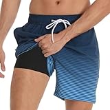 Badehose für Herren mit Kompression Mesh-Futter, 2 in 7 Schnelltrocknend Badeshorts Kurz, Verstellbar Tunnelzug Tasche Männer Schwimmhose Boardshorts für Strand Surf Sport M Schwarz Blau Verlauf
