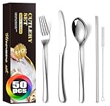 MURRI&MURRDI Besteck Set 10 Personen, Essbesteck 50 Teilig. Edelstahl Tafelbesteck für Haus Party Restaurant, Messer Gabel Löffel Saugen Bürste Set, Spülmaschinenfest