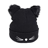 SKHAOVS Cat Beanie,Strickmütze Damen Slouch Beanie Mütze,Mütze mit Ohren,Katzenohren Beanie,Winter Warme Gestrickte Skimütze,Geschenke für Katzenliebhaber(Schwarz)