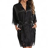 Houhence Damen Morgenmantel aus schwarzem Satin, langer Kimono-Bademantel mit Spitzenbesatz für Brautjungfern und Nachtwäsche, leichte Loungewear mit V-Ausschnitt (L Größe), ideal für Hochzeit, Pyjama
