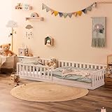 Alcube® Montessori Maxi-Bodenbett 80 x 160 cm mit Matratze inklusive Fallschutz und rollbarem Lattenrost - Montessori-Kinderbett für Jungen und Mädchen - Kinderbett aus Kiefer