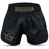 Buddha Fight Wear – Traditionelle Muay-Thai-Shorts der Alten Schule – Nylon – schnell trocknend – europäisches Standardmuster – tolle Anpassung an die Morphologie jedes Kämpfers – Schwarz + Gold – L