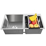 201-Edelstahl Küchenspüle, Einbauspüle Doppelspüle mit Abtropfkorb & Überlaufloch