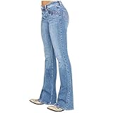 Damen Slim Fit Denim-Hose – Skinny Flare Jeans, hohe Taille, weites Bein, Glockenunterteil, dehnbare Denim-Hose mit Taschen, Vintage-Streetwear, lässiger Komfort, Schlagjeans für Frauen, hellblau, S