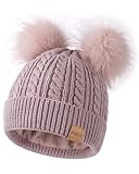 FISFET Mütze Damen Winter mit Doppelter Bommel, Damen Mütze Winter Warme Kaltes Wetter Strick Fleece Gefüttert, Beanie Mütze Damen für den Täglichen Gebrauch(Rosa)