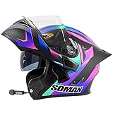 Bluetooth Full Face Motorradhelm Modular Flip Up Motorrad Street Helm DOT ECE Zugelassen Für Erwachsene Männer Frauen Mit Doppelvisier, Moped Street Bike Racing Helm,Violet vision,L