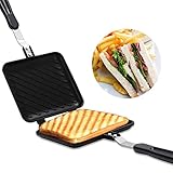 Doppelseitige Bratpfanne,Mustergitter Antihaft-Sandwich-Eisen-Maker Mini Tragbar Mit Hitzebeständigem Griff, Aluminiumlegierung Einfacher Rollover Panini-Maker Pfannkuchenpfanne Für Frühstück, Camping