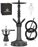 NOBLE HOOKAH 77cm Shisha Set 2 Schläuche aus Aluminiumrohr mit 2 Anschlüssen und komplettem Shisha Zubehör - Shisha Kopf, schöne Glasvase, Melassefänger, 2 Schläuche und Griff (Schwarz)