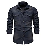 HOTIAN Herren Hemden, Herren Denim Shirt Langarmhemd,Freizeithemd Regular Businesshemd,Slim-Fit-Herrenhemden Navy L