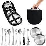 REFORUNG 10-teiliges Camping Teller Besteck Set Picknick-Set Edelstahl Portable Camping Besteck Outdoor Camping Cutlery set 2 Personen Campingbesteck set mit Reißverschluss Fall für Reisen Wandern