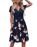 STYLEWORD Damen Sommerkleid Kurzarm V-Ausschnitt Kleider Blumenmuster Kleid Strandkleid Mit Taschen(floral05,Groß)