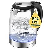 COSORI Glas Wasserkocher 1,7 L, kocht in 2 Minuten, wasserberührende Teile plastikfrei, 304er Edelstahl-Kalkfilter, 2200 W, Überhitzungsschutz, 360° drehbarer Sockel, Schwarz